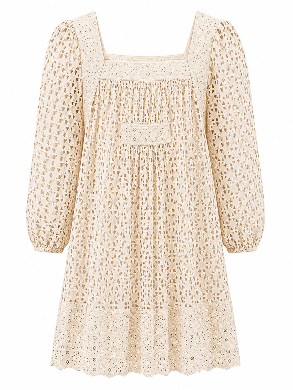 Anna Sui Womens Cream Lace Babydoll Dress Eyelet Pattern 3/4 Sleeves Size S